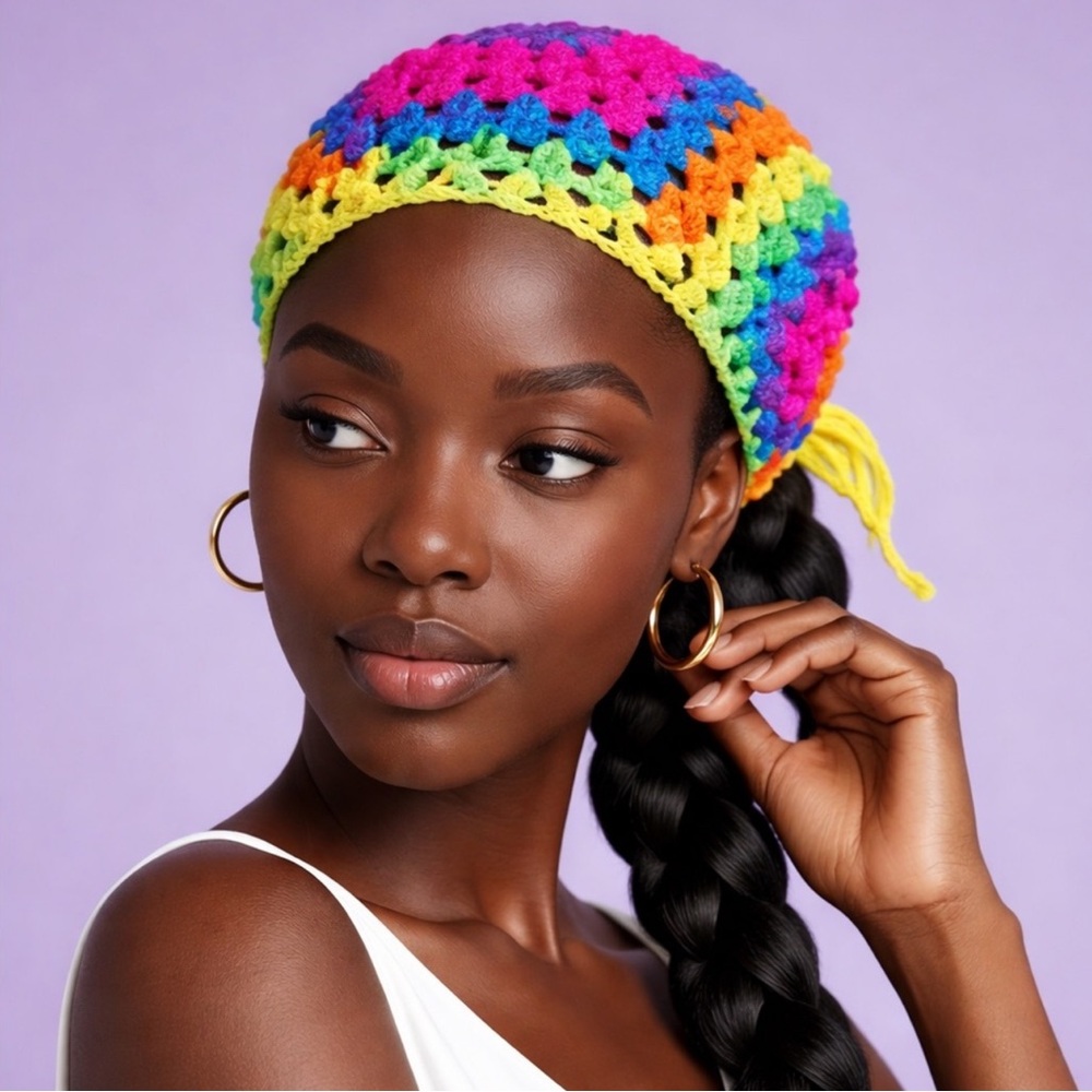 Handmade Colorful Crochet Headscarf - Rainbow